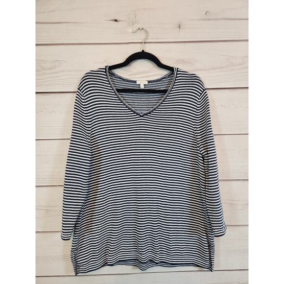 Talbots Women’s Navy White Striped 3/4 Sleeve V Neck Linen Blend Sweater Size XL - Picture 1 of 6